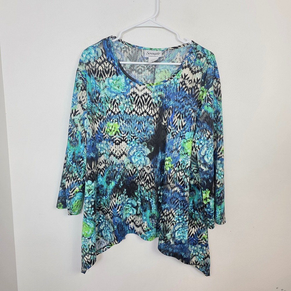 Serengeti Blue Green Abstract Floral Sharkbite Hem 3/4 Sleeve Blouse Size 3X